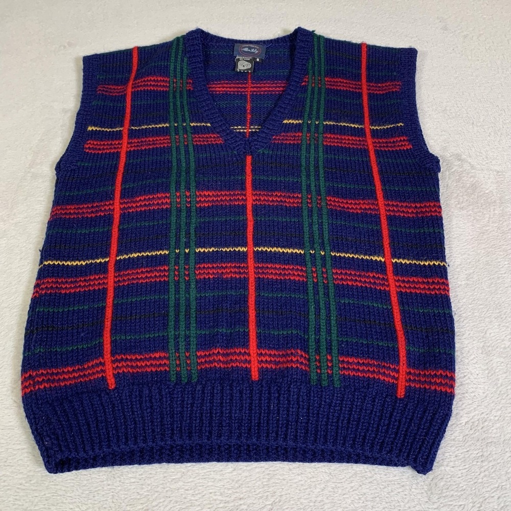 Vintage Allen Solly Sweater Vest Mens S Blue Plaid V Neck 100% Wool Knit Uruguay